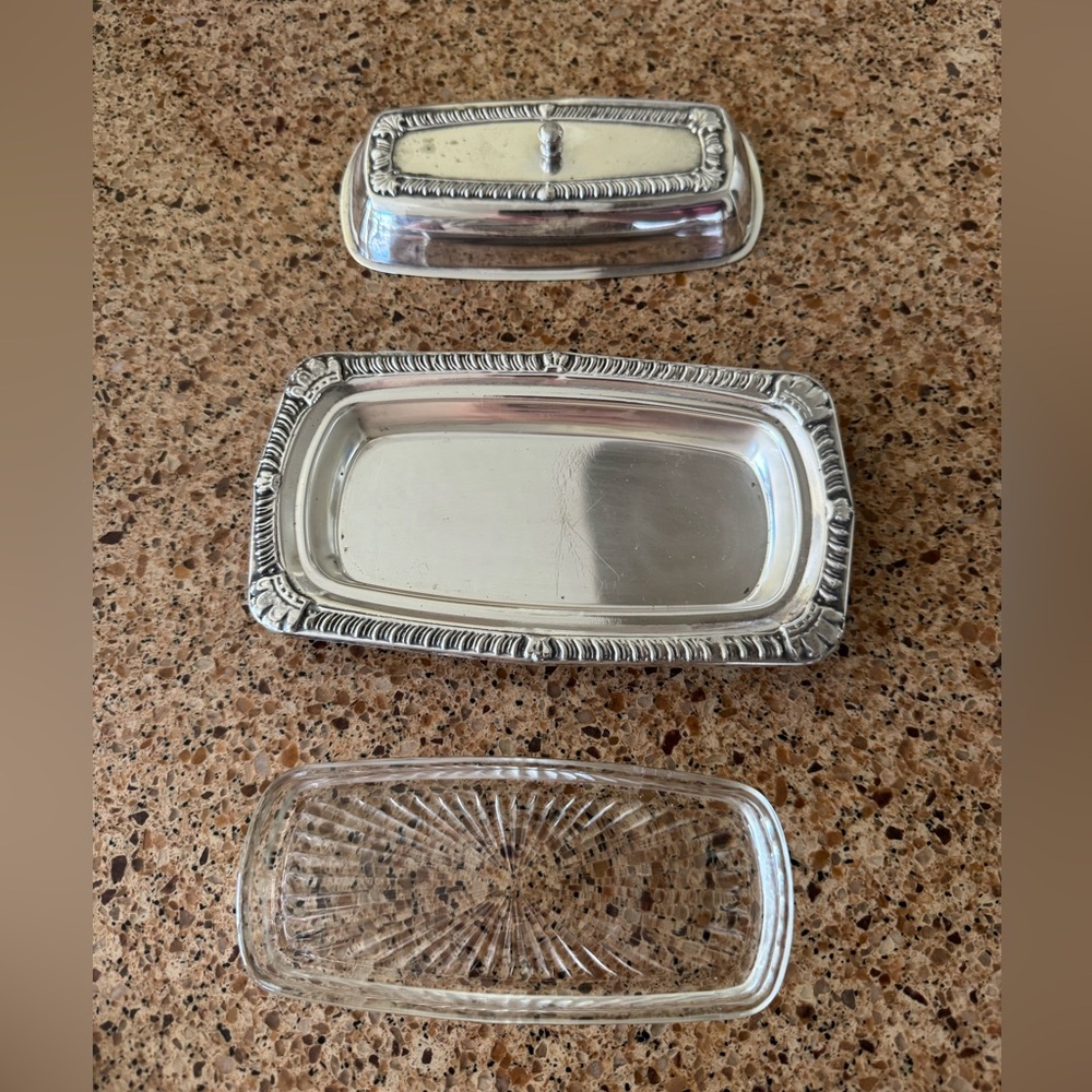 Vintage Kings Crown  Butter Dish  Silver Plated,  Glass Tray Insert